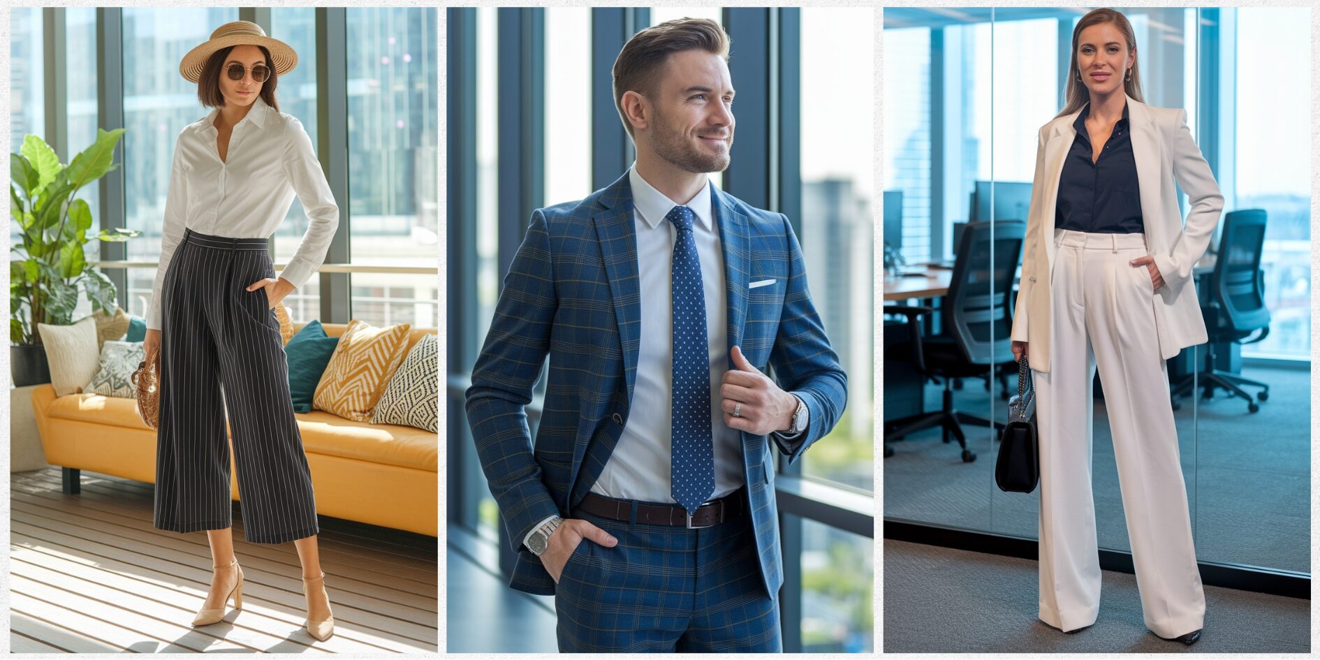 formal men and women office wear collage 2025 trends showing suits blazers and modern professional outfits