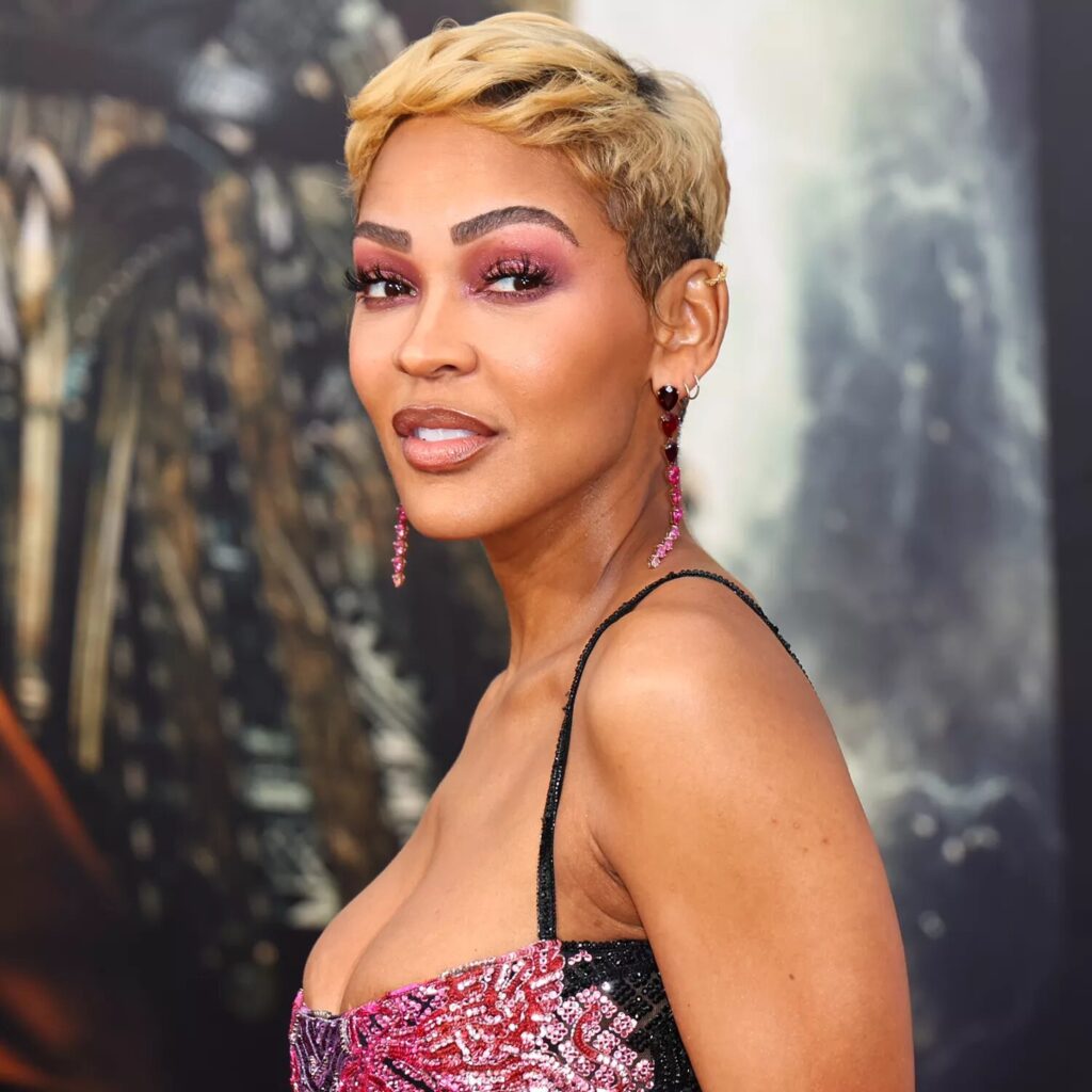 Meagan Good with short cropped pixie cut styled in honey blonde ombré color
