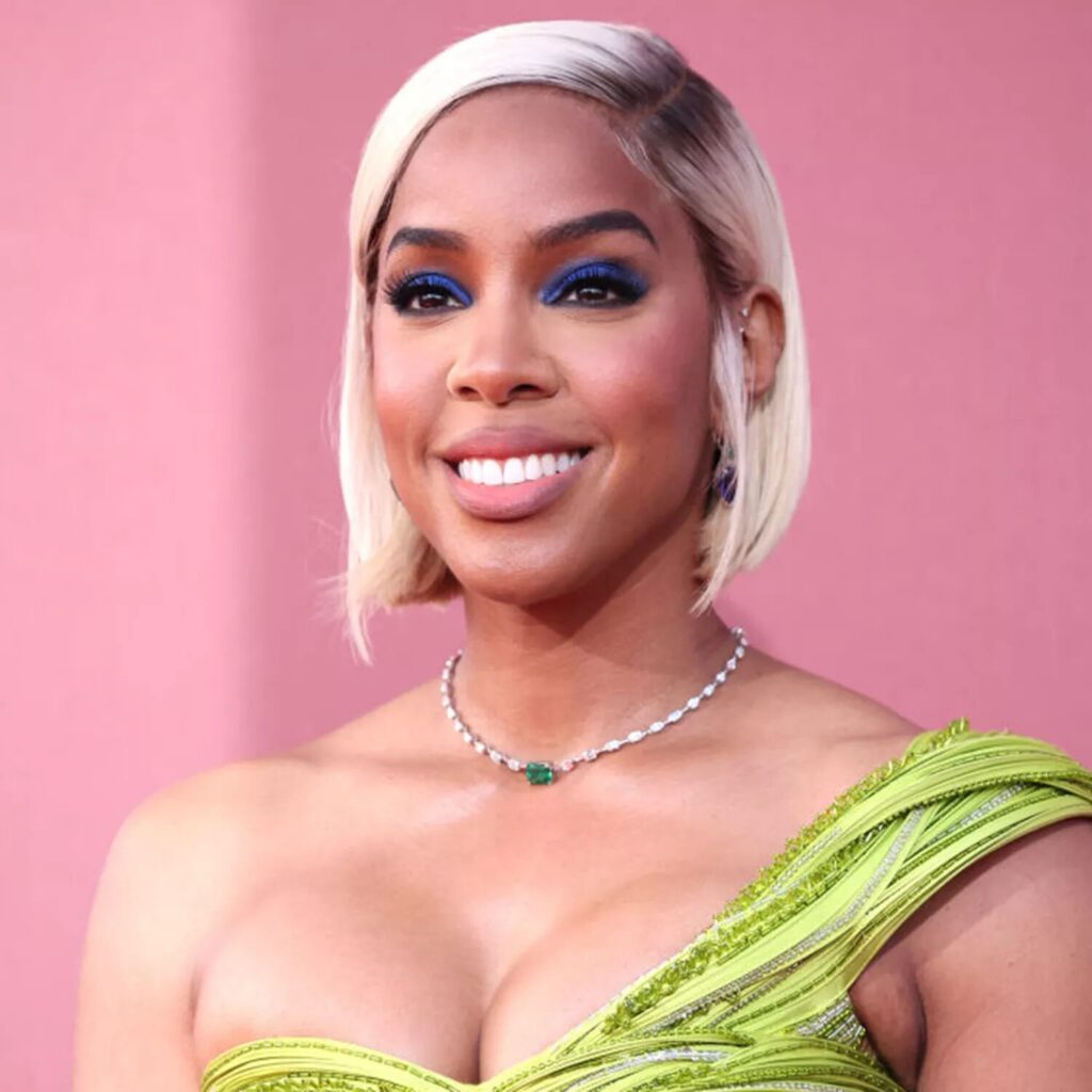 Kelly Rowland smiling with chin length platinum blonde bob haircut styled in a side part swoop