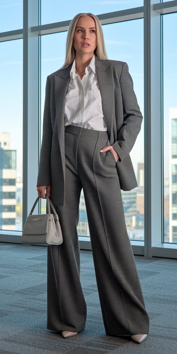 woman in grey trousers and white blouse standing with man in grey suit formal office wear