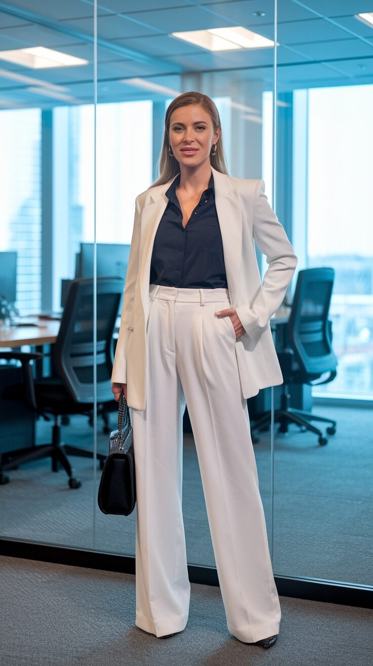 woman in white trousers and beige blazer with man in white shirt chic office style 2025