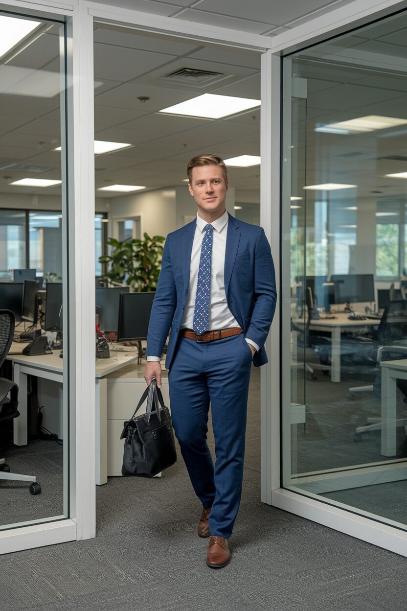 male and female professionals in dark jeans and blazers casual office friday look