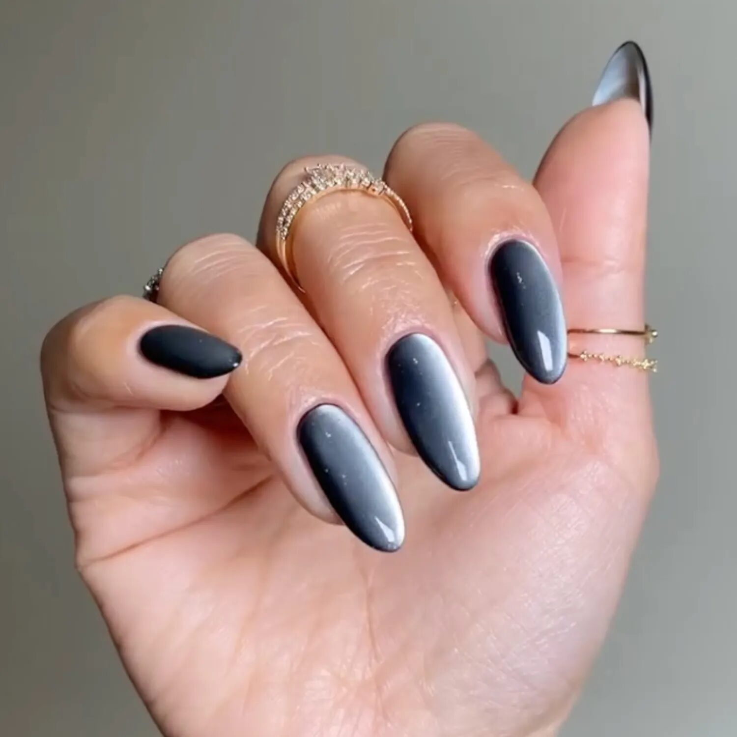 Slate gray onyx velvet glass nails with ultramodern gradient and timeless glossy finish.