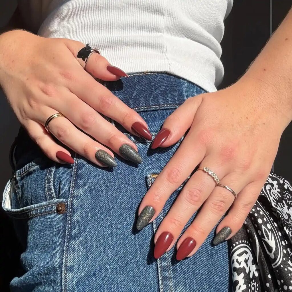 Creative Scorpio-inspired mismatched nails featuring aura bursts, gold accents, and zodiac motifs