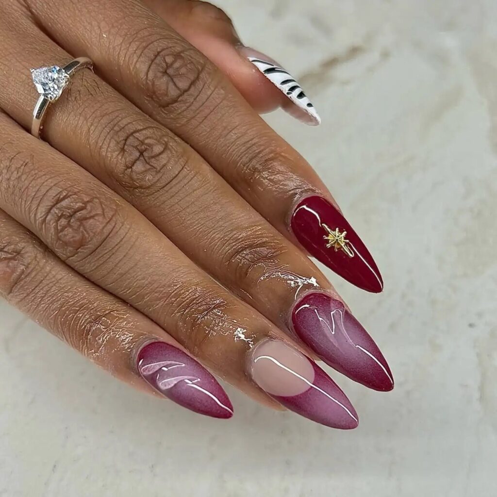 Berry and nude gradient manicure with contrasting designs symbolizing Scorpio’s depth
