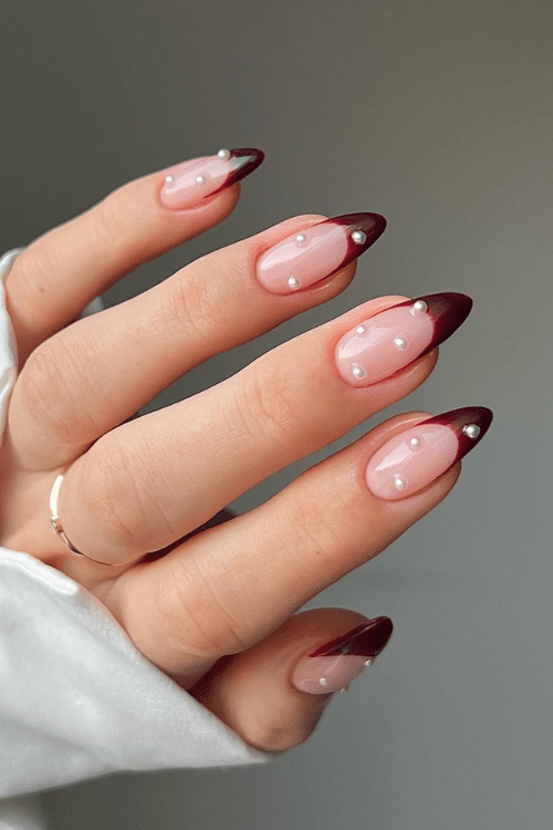 Red wine French tips with pearls
