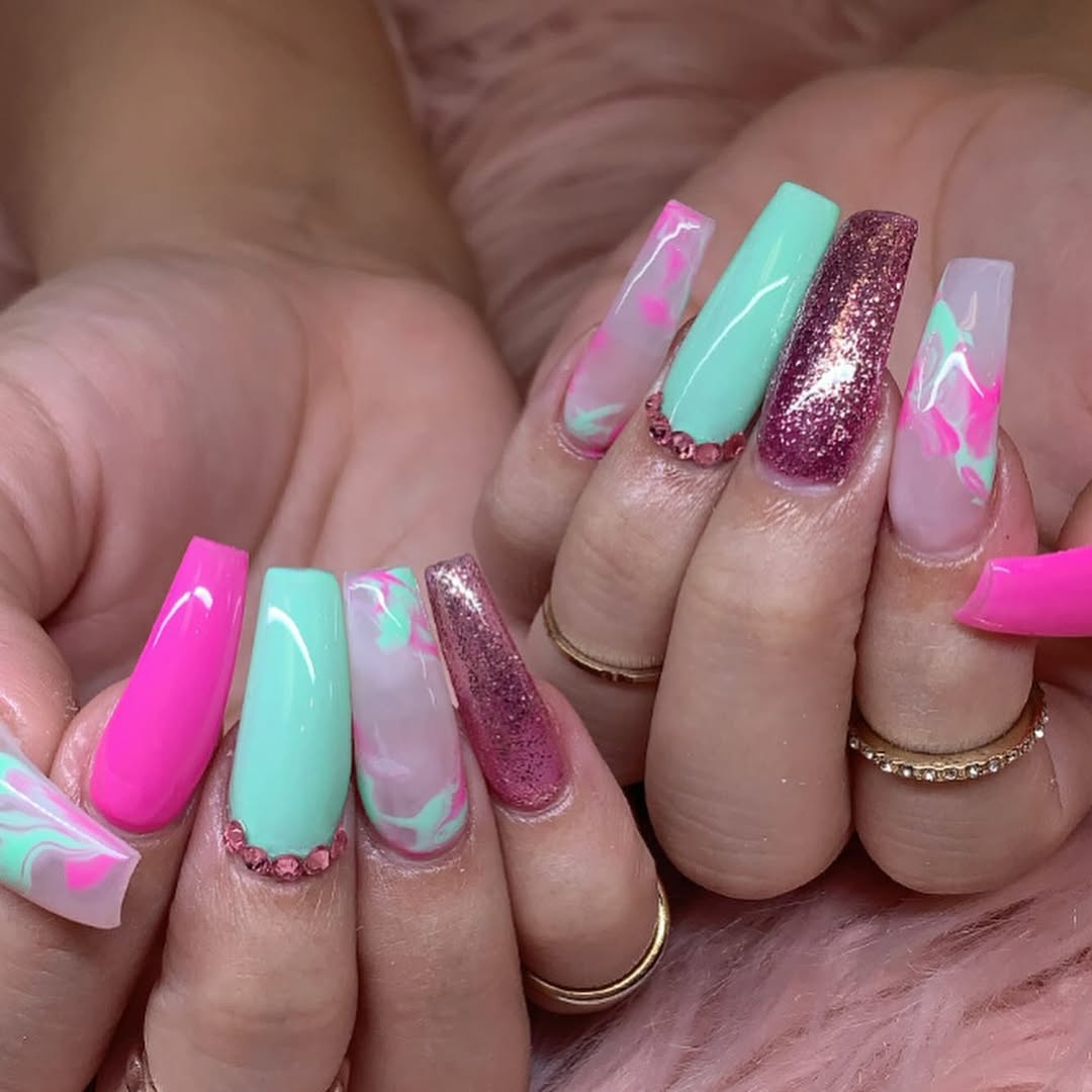 Candy Pop Hearts acrylic nail design with bold pinks and mint greens