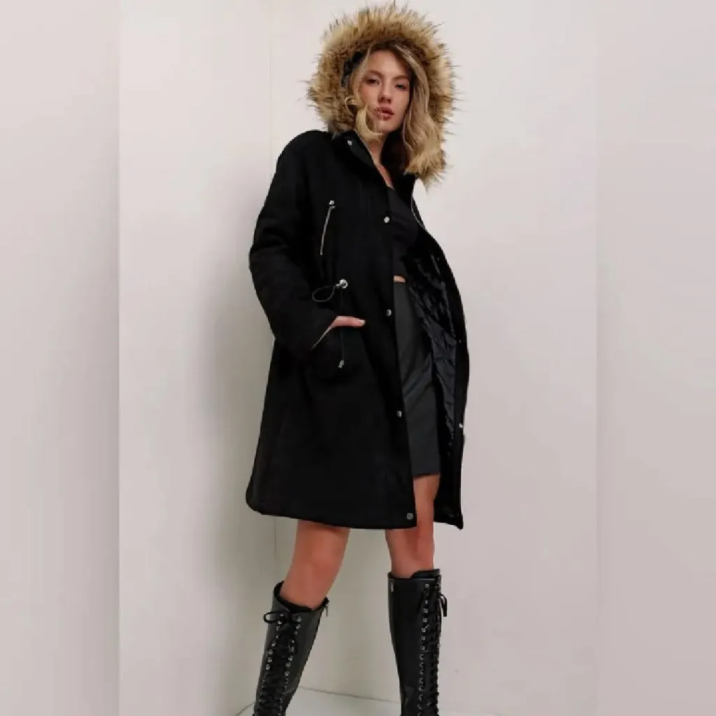 A sleek black hooded coat with clean lines and subtle structure.