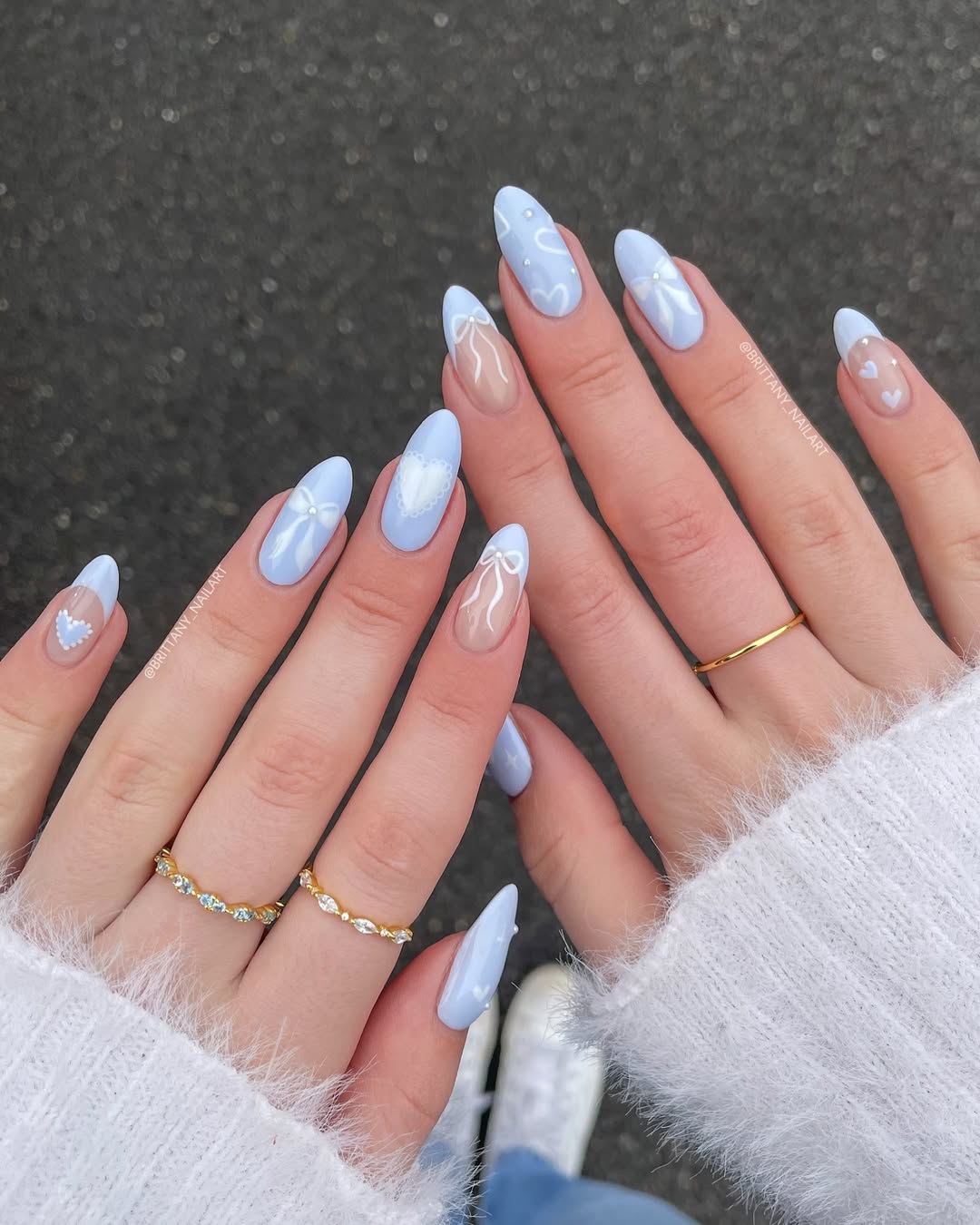 Periwinkle nails with hearts and white bows