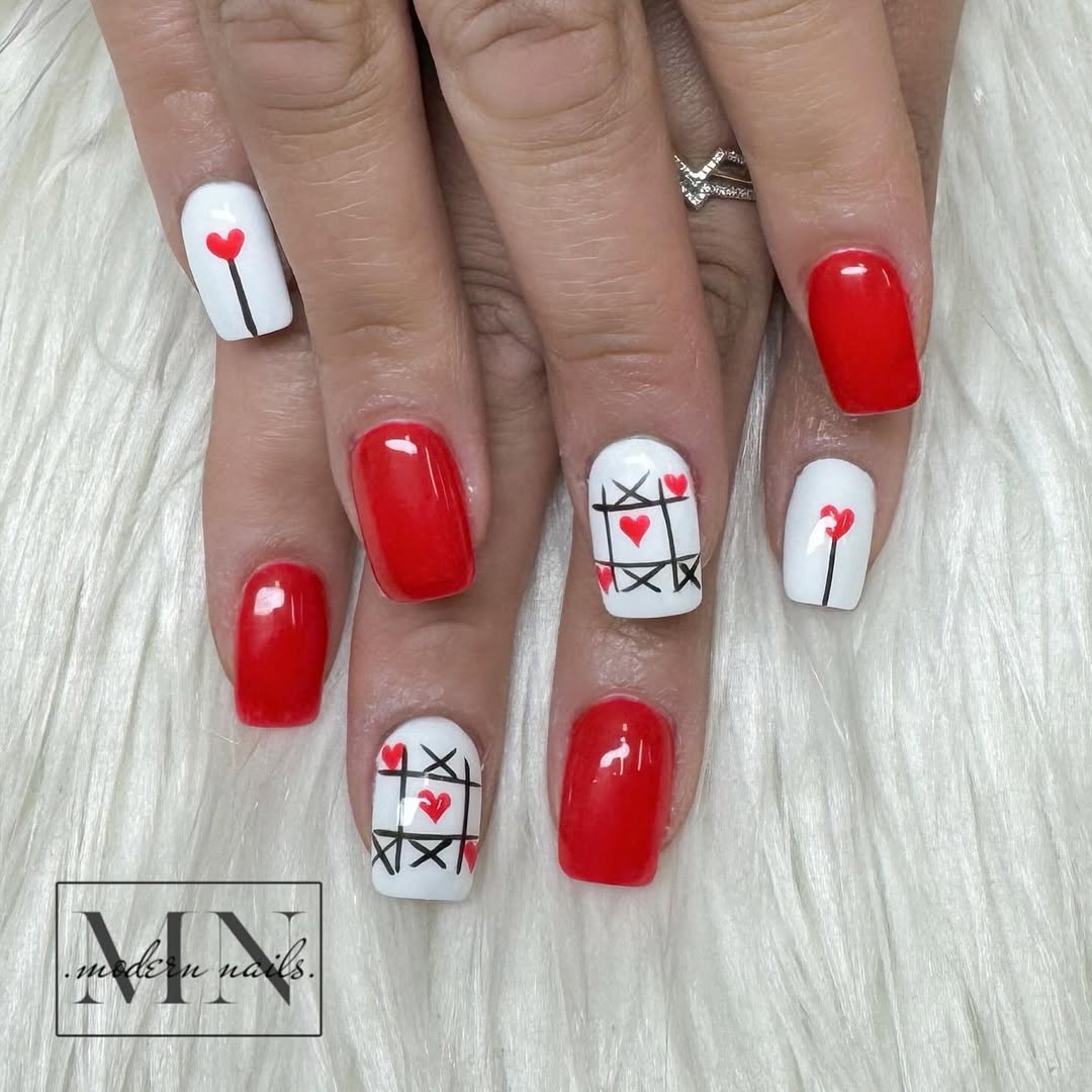 Graphic hearts with sharp lines in red and white