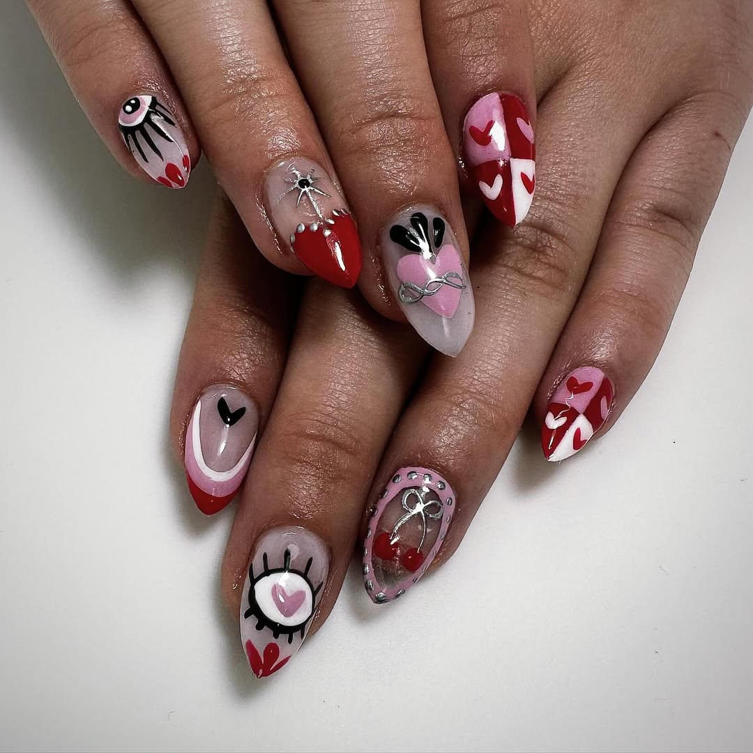 Nails with hearts, contrasting colors, and unique placements