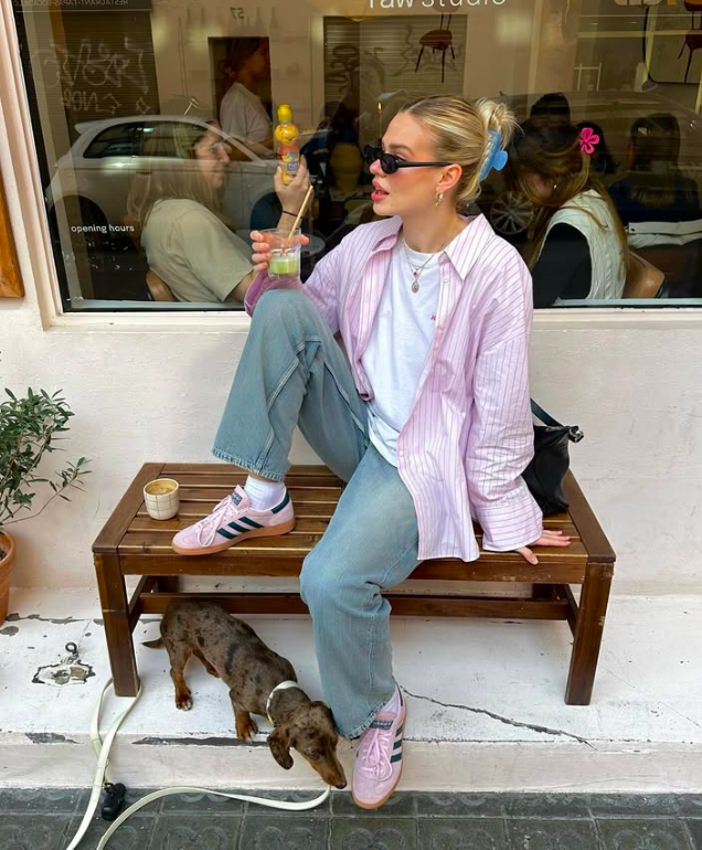 Pink stripes, soft sneakers, and relaxed denim.