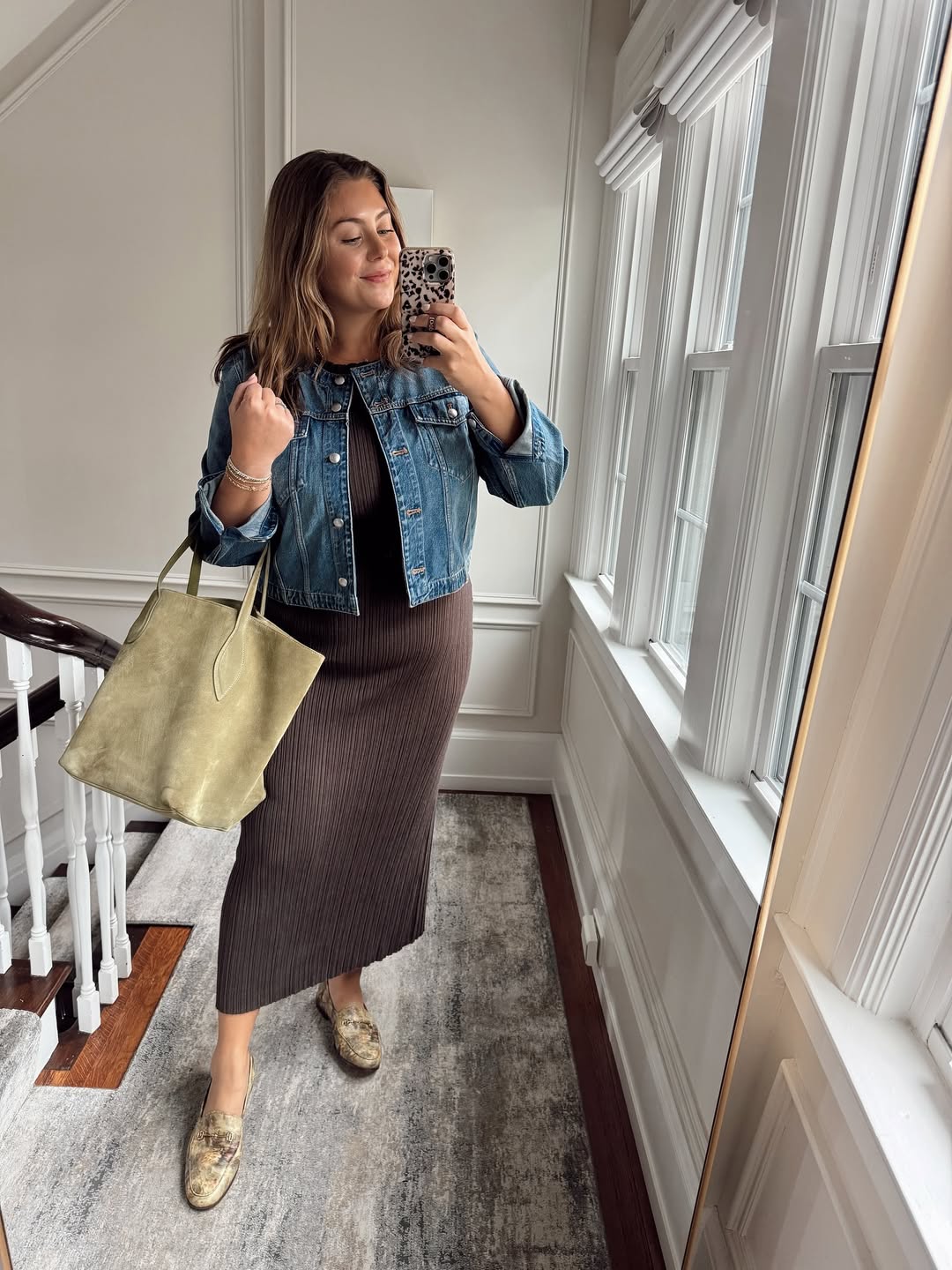 A chic outfit balancing structured elements with soft fabrics.