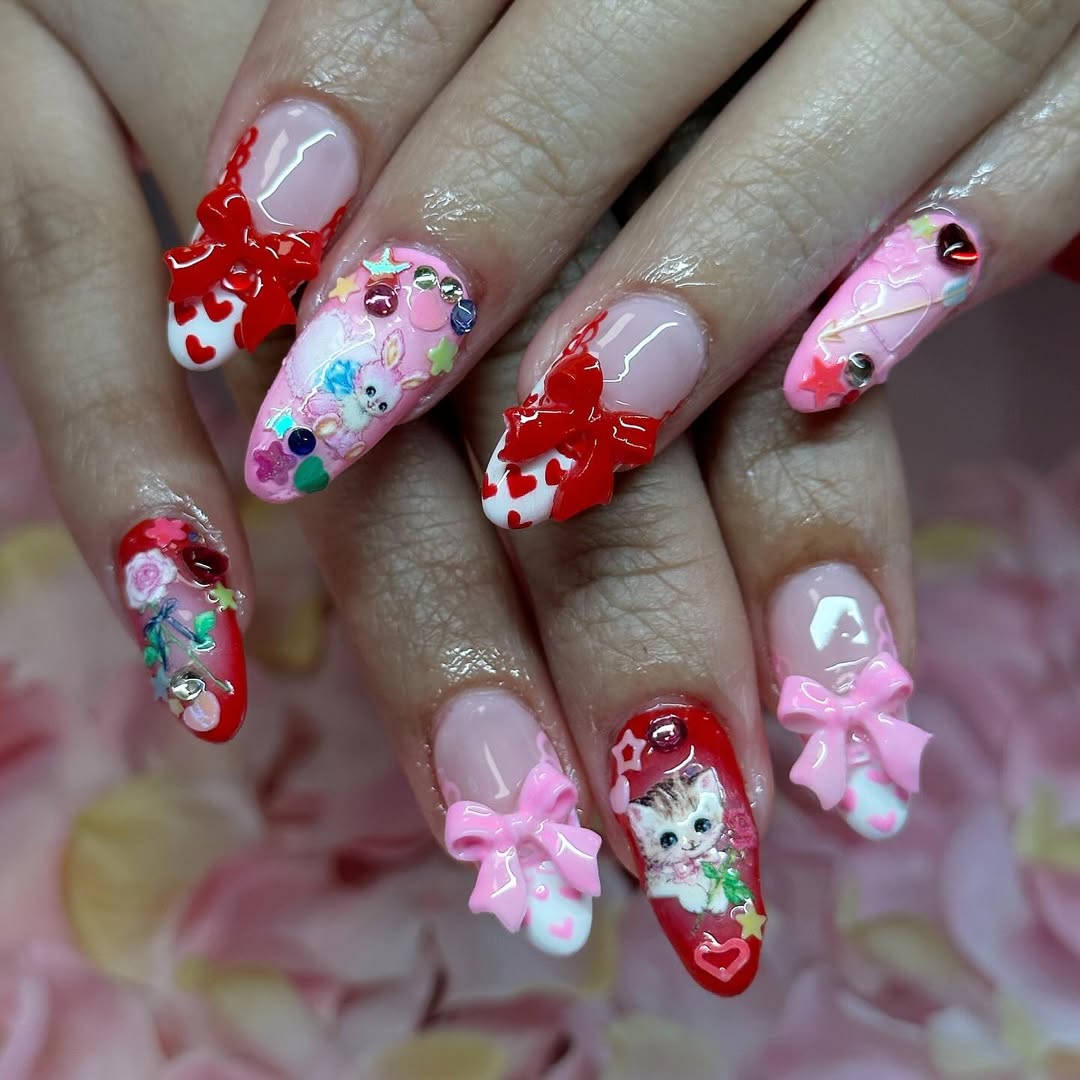 Bold red nails with playful patterns and vintage-inspired details