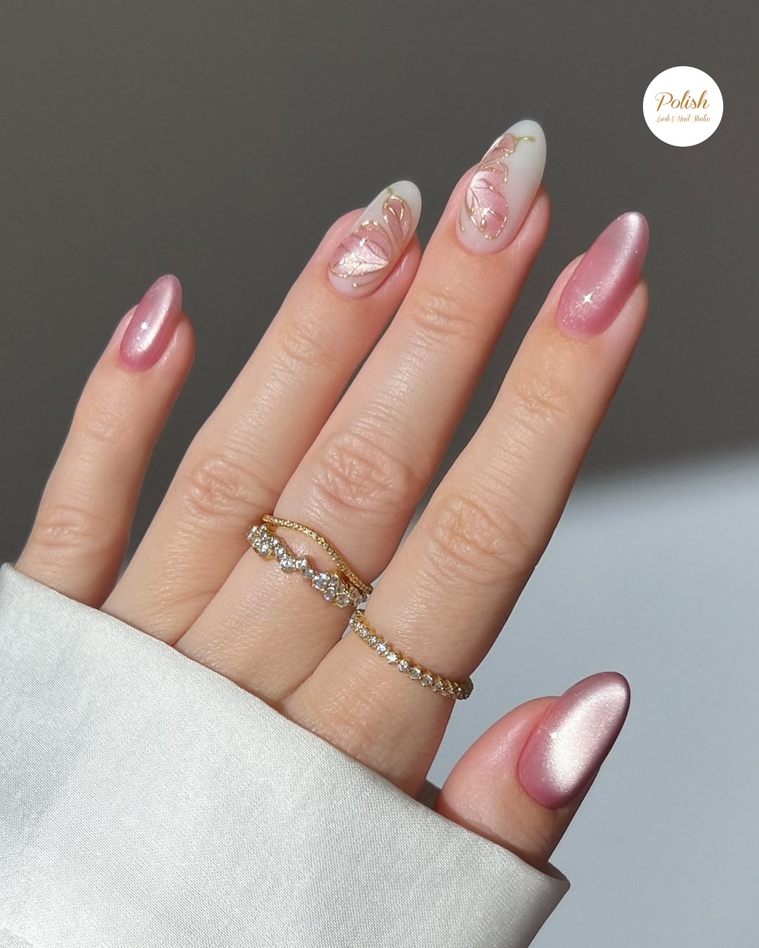 Rosy Gold Leaf Accents Nail Design