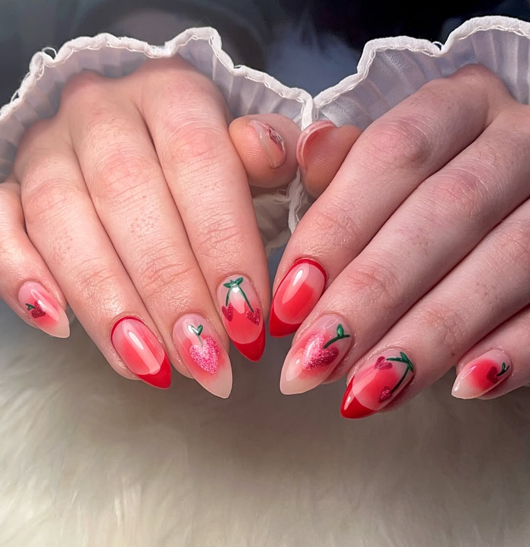 Translucent nails with tiny cherry details