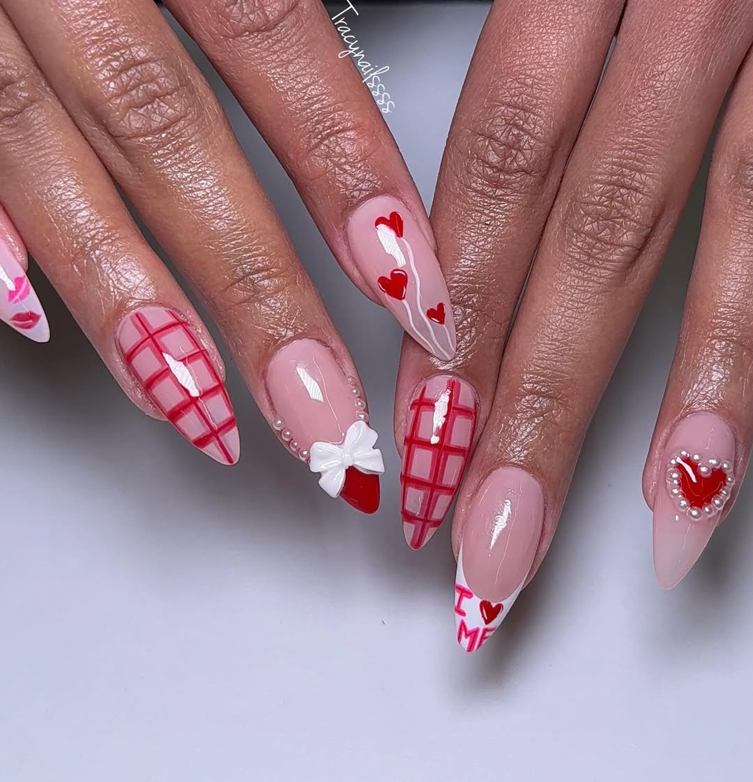 Nails with clean lines, grids, pearls, and heart details