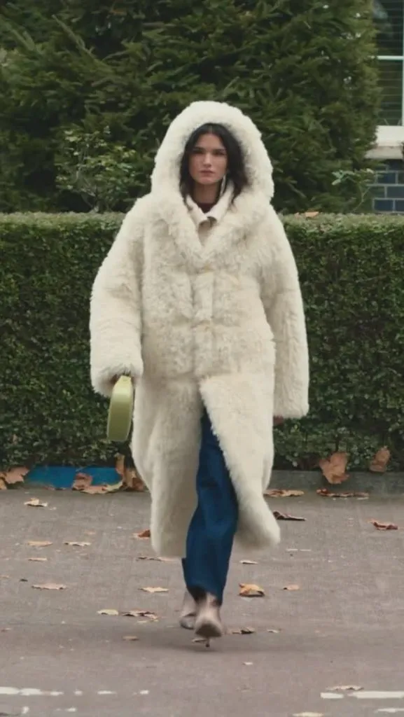 A plush winter white hooded coat with an oversized hood, making a soft statement.