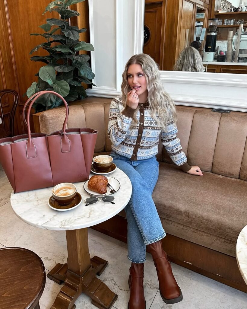 Fair Isle cardigan with cropped jeans and brown boots.