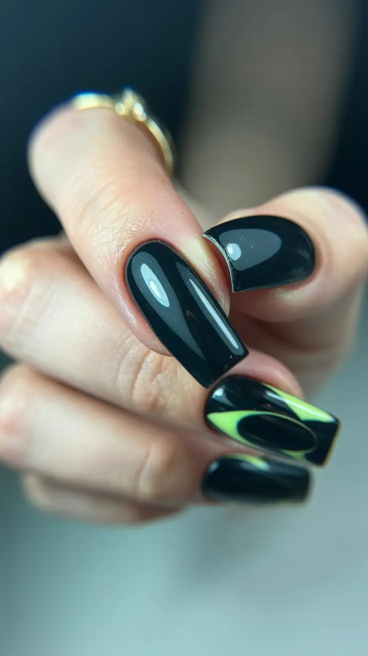 Modern black nails with neon green swirls