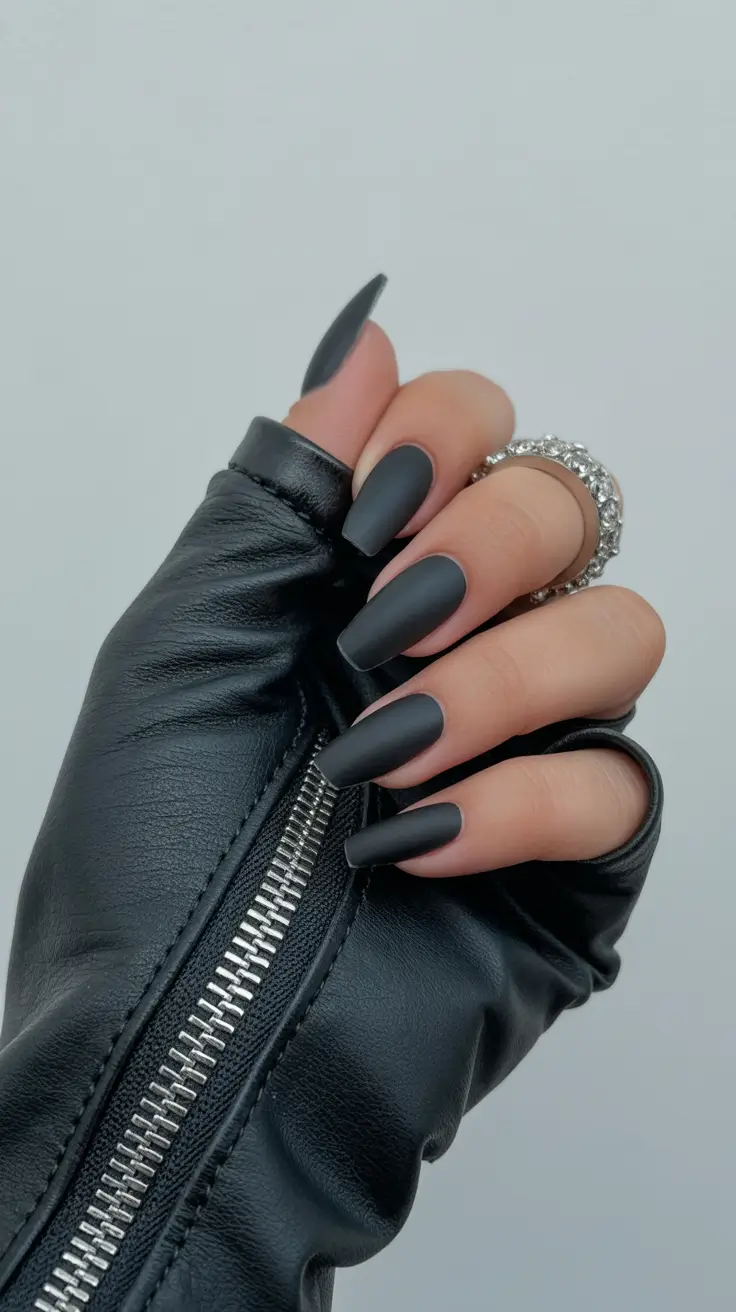 Matte black square nails with leather-inspired texture