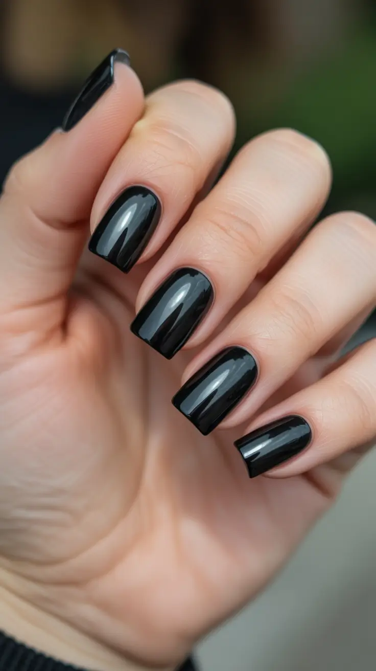Deep glossy black square nails with sculpted effect