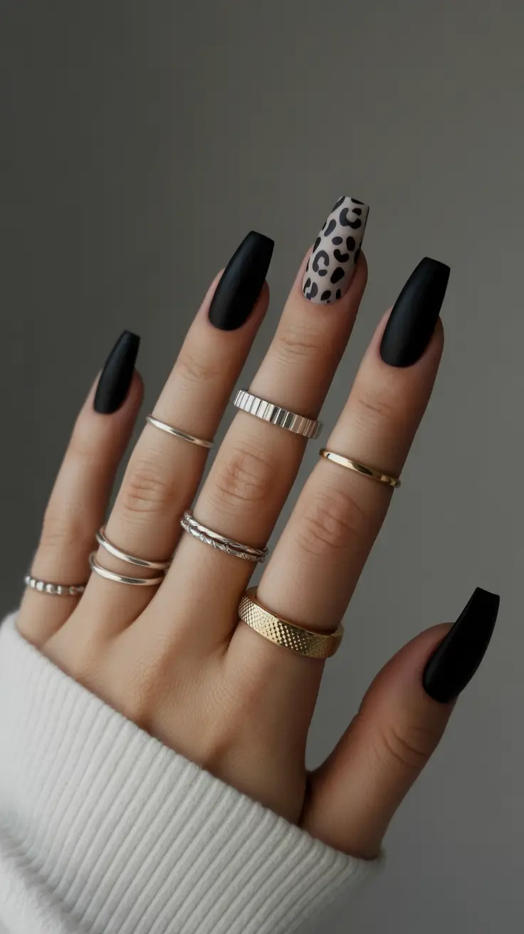 Matte black nails with leopard print accent