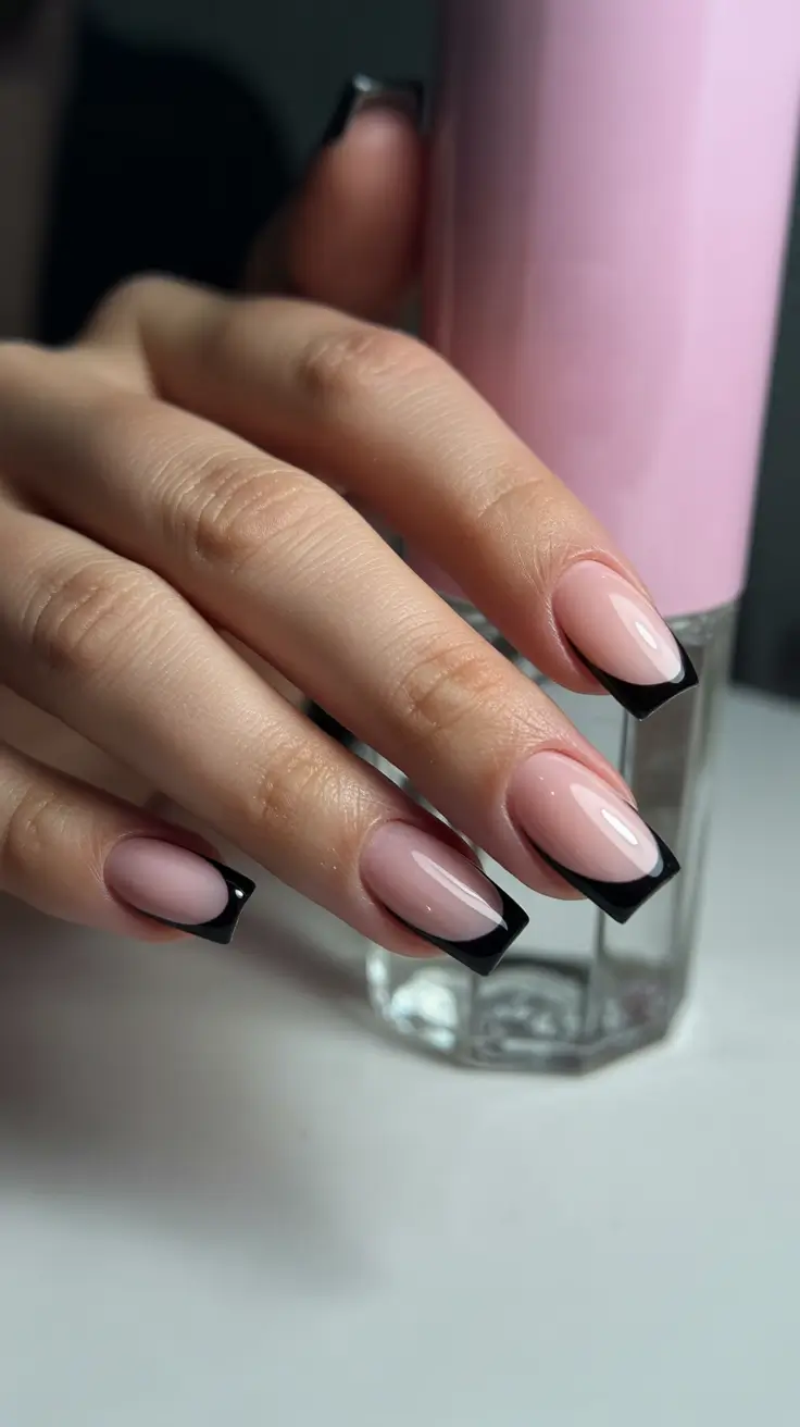Black French tip nails with nude base