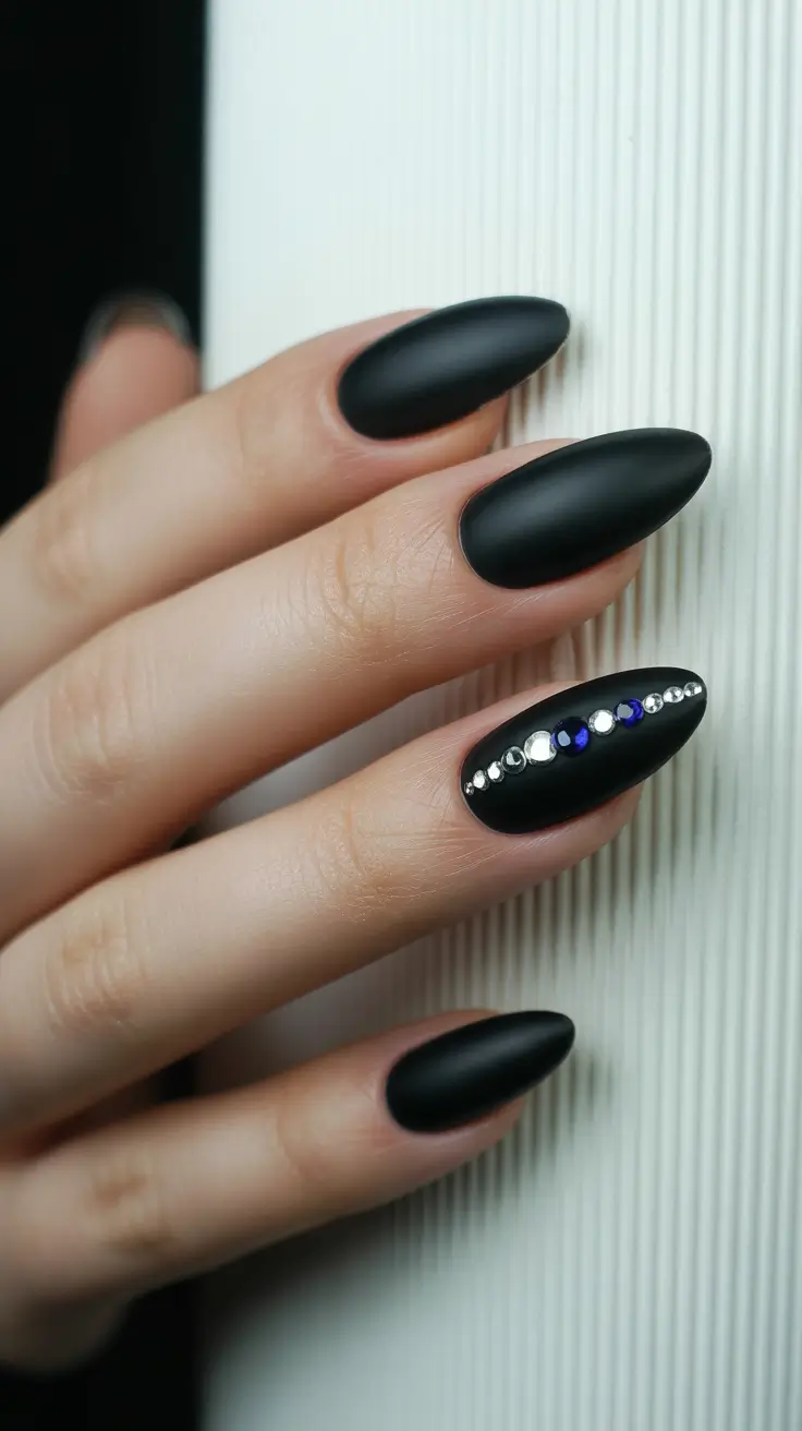 Matte black almond nails with crystal accents