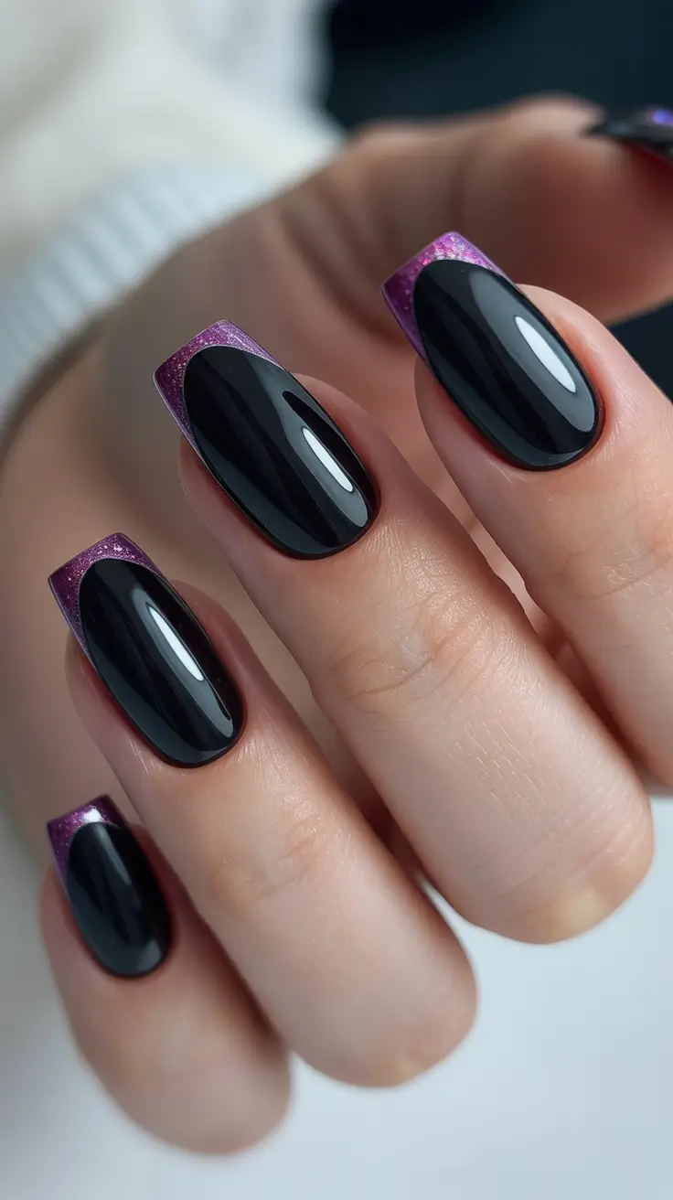 Glossy black nails with purple iridescent French tips