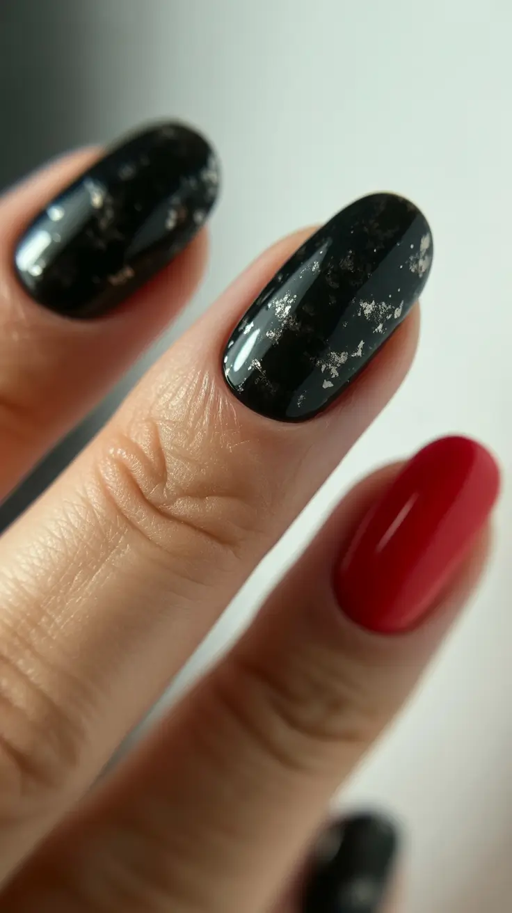 Black galaxy nails with silver flakes and red accent