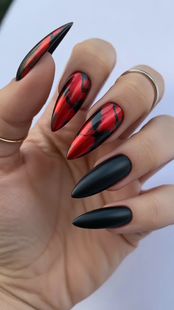 Matte black nails with red chrome accents