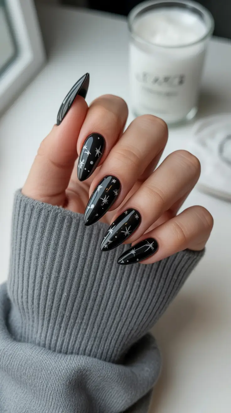 Almond black nails with star and dot pattern