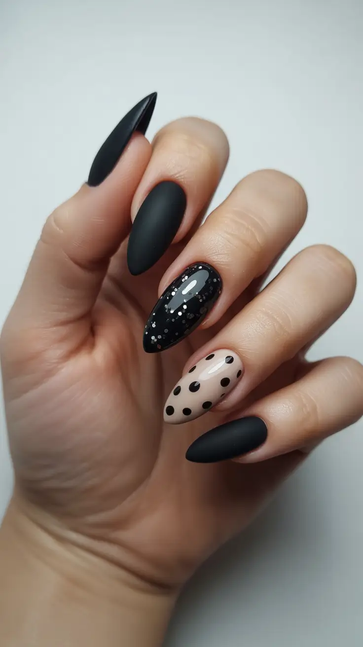 Matte black nails with nude polka dots