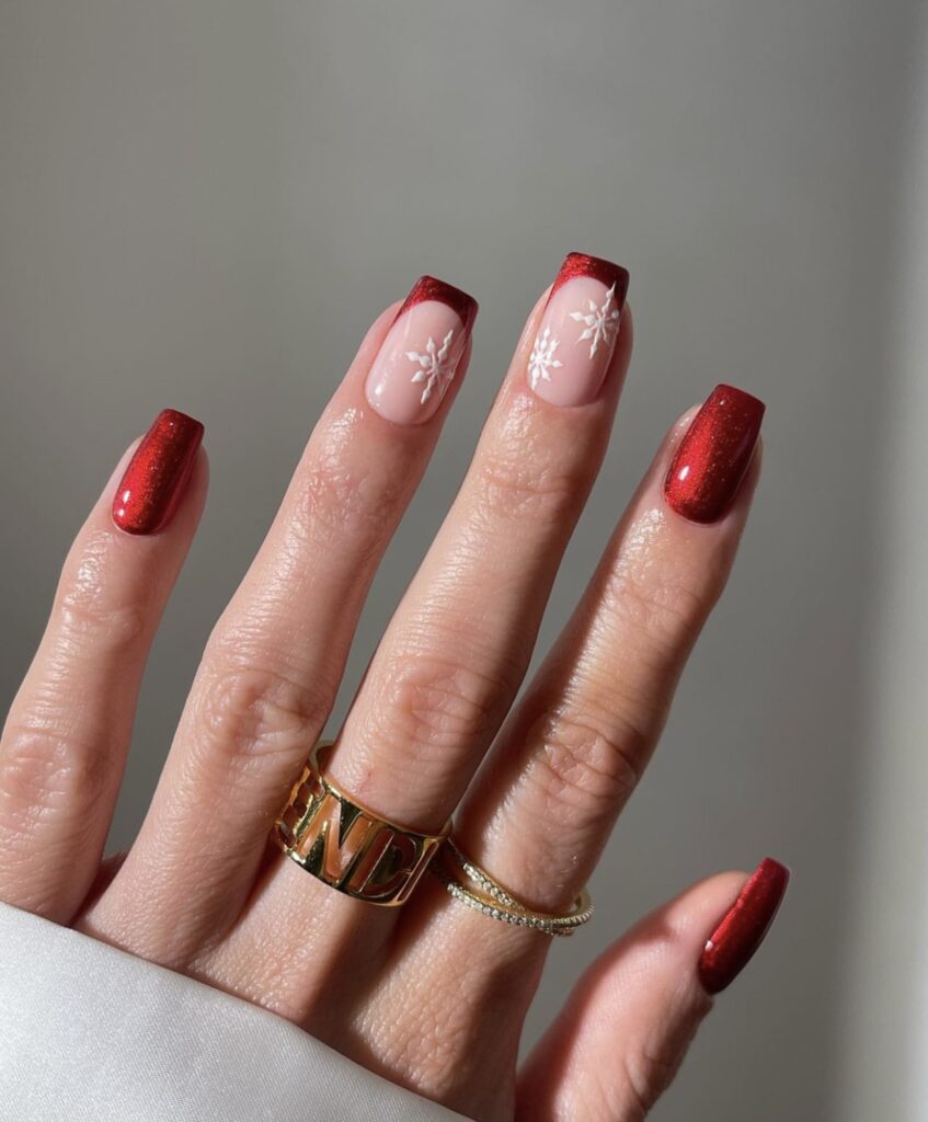 Short winter nails in metallic red, suitable for holidays.