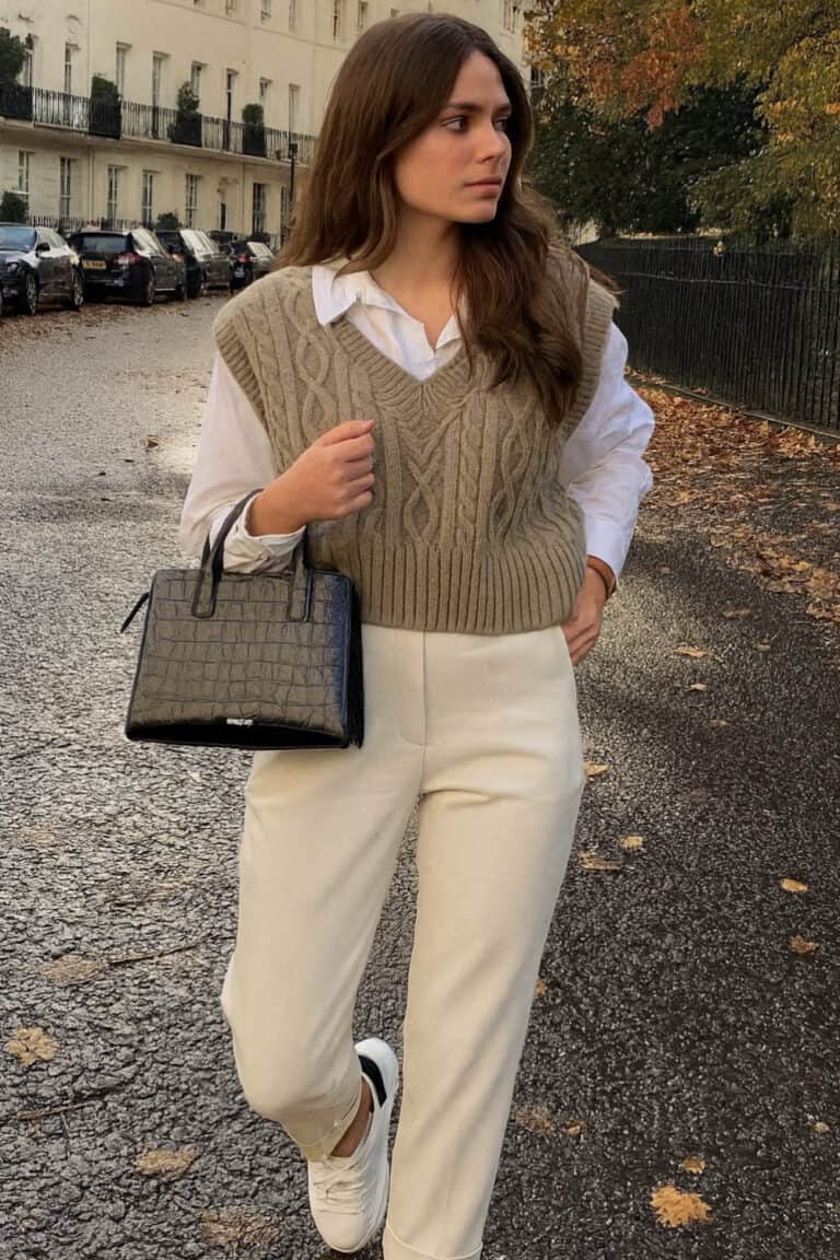 Woman wearing a preppy academic-inspired outfit