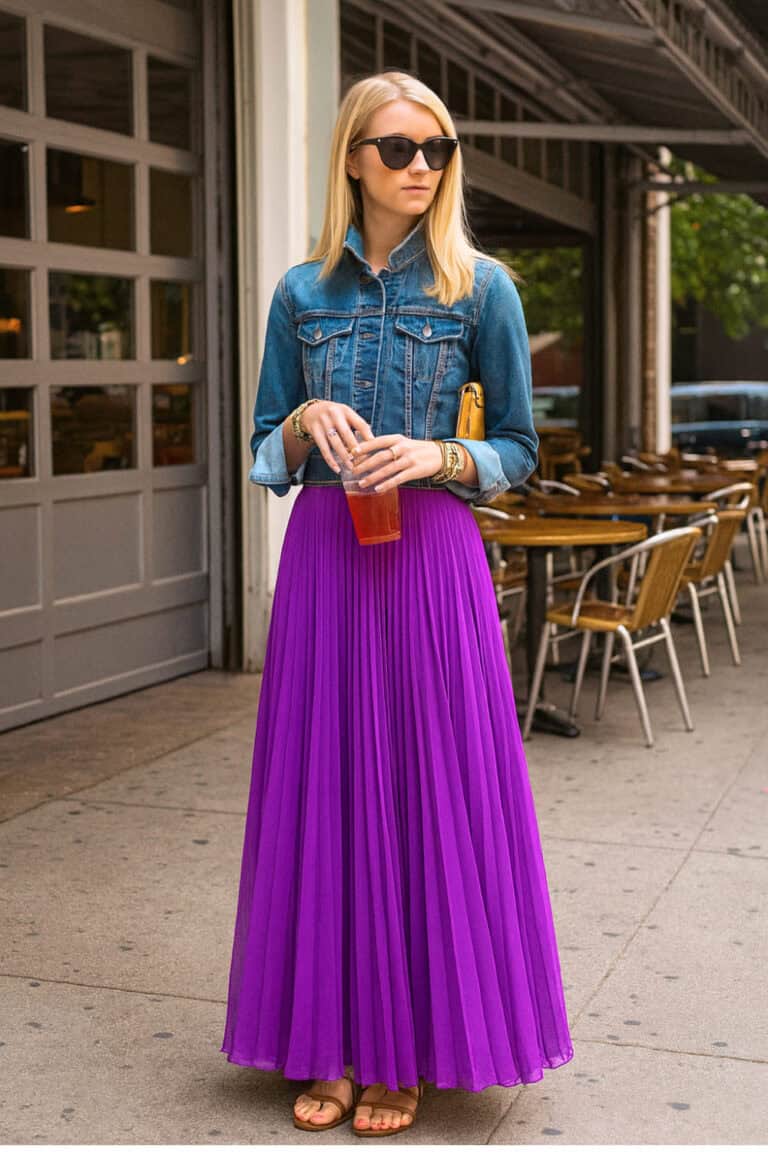 Woman wearing a stylish purple outfit