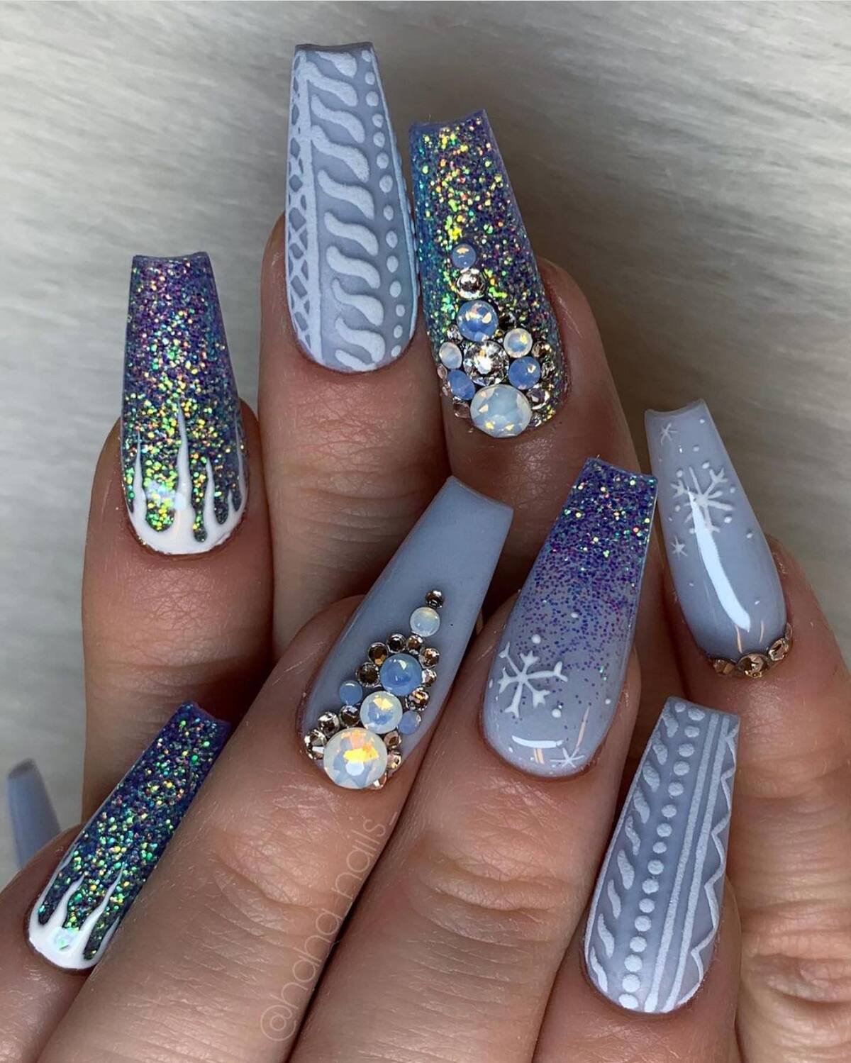 19. Icy Blue Glitter Sweater Nails