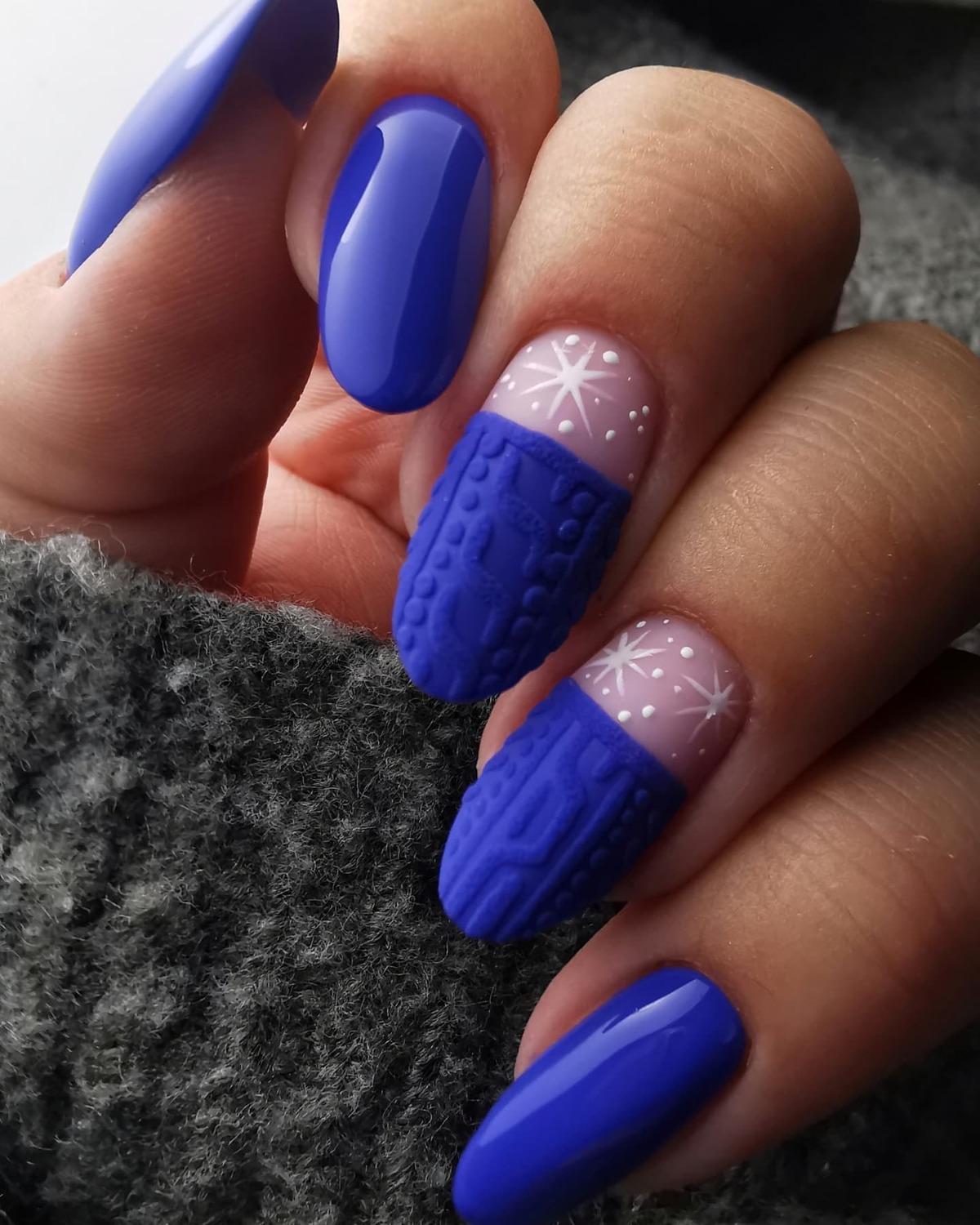 20. Royal Blue Sweater Nails with Snowflake Accents
