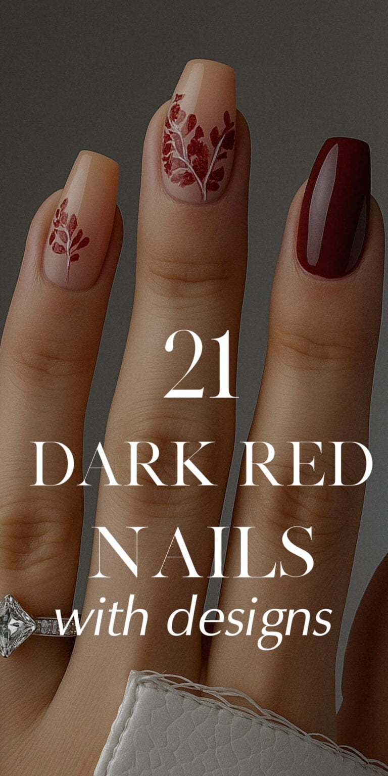 Dark red nails with various decorative elements