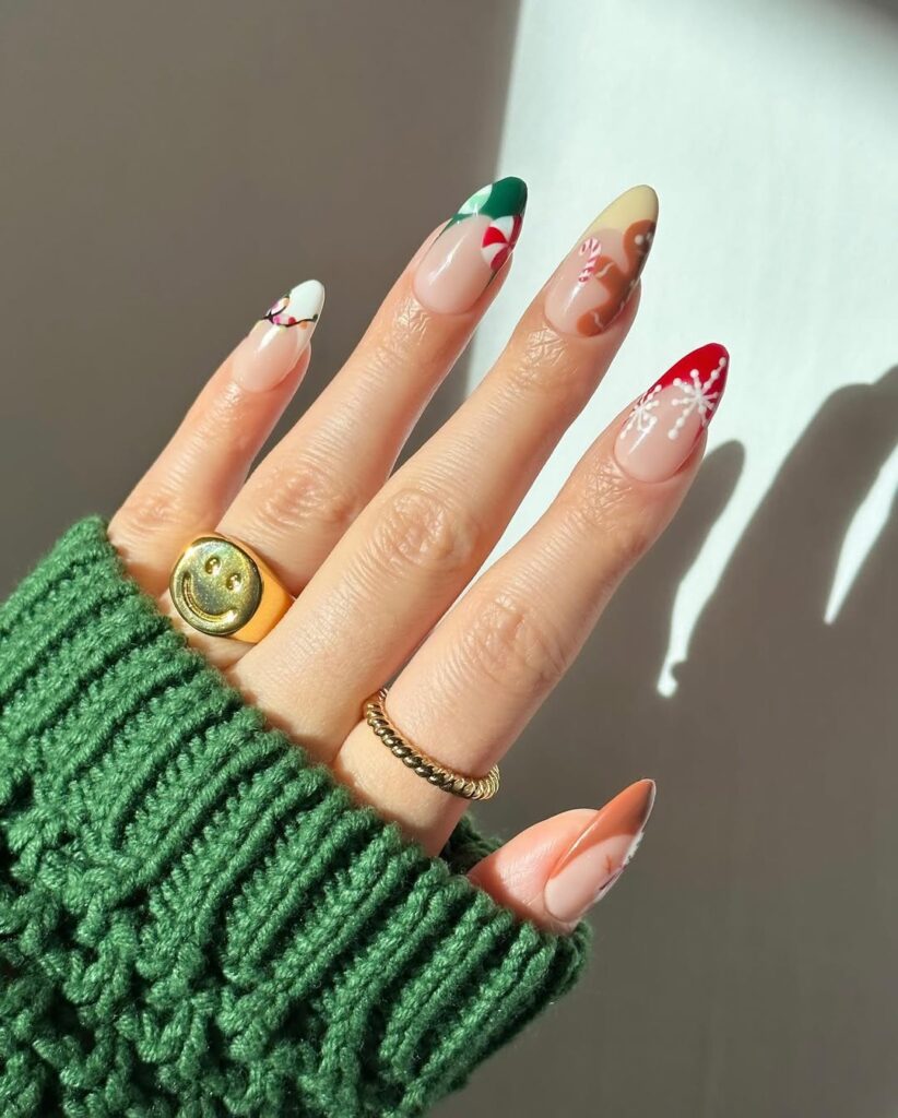 Mix of candy cane stripes, snowflakes, gingerbread, and deep green tips.