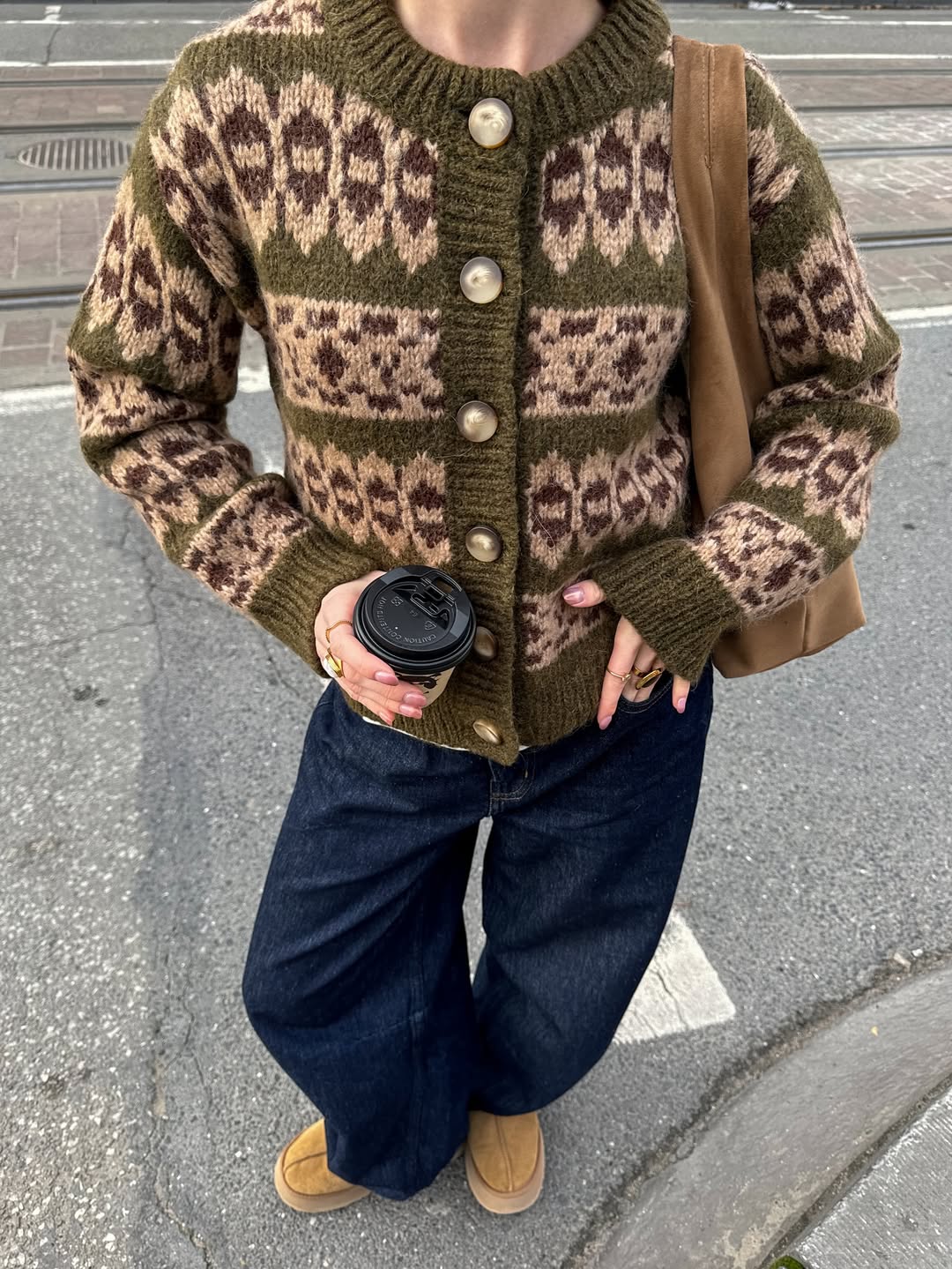 Chunky Fair Isle cardigan with dark wide-leg jeans and Ugg boots.