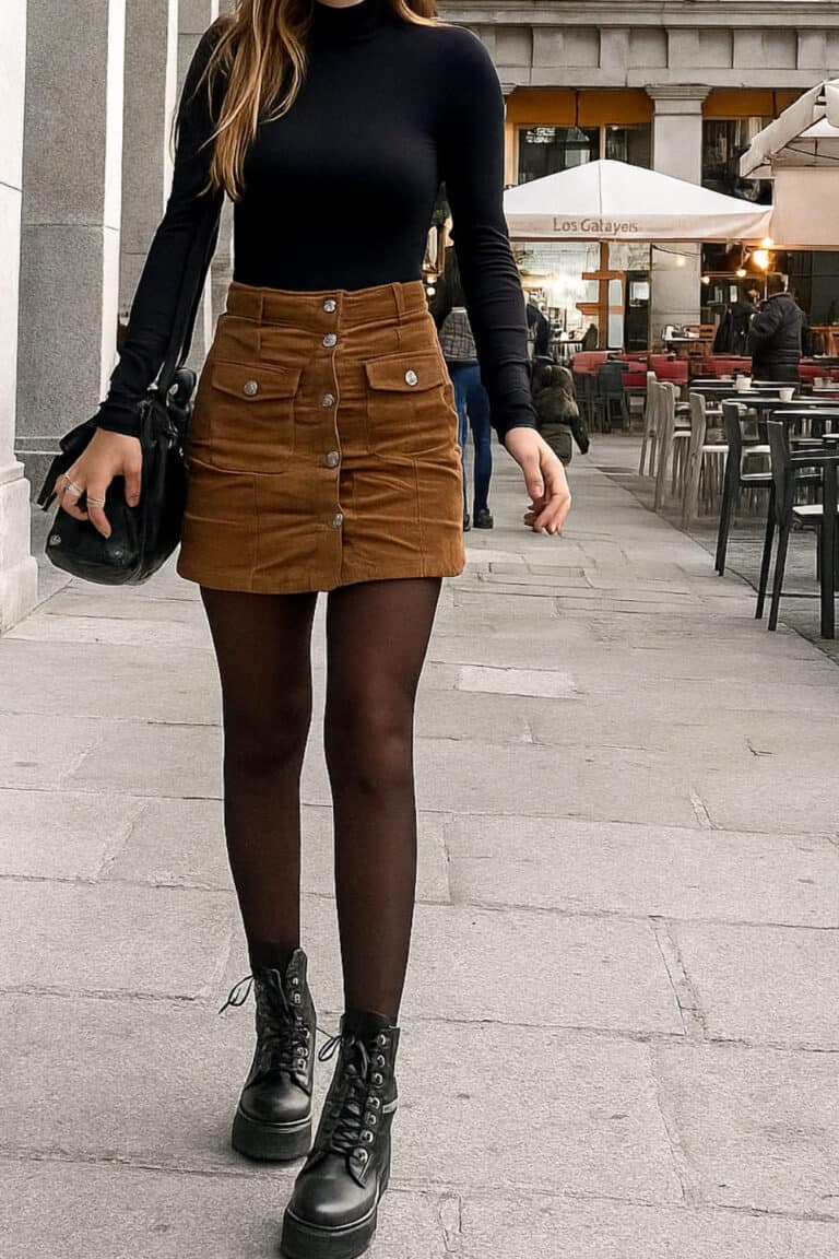 A person wearing a corduroy skirt with combat boots, a ribbed top, and a denim jacket.