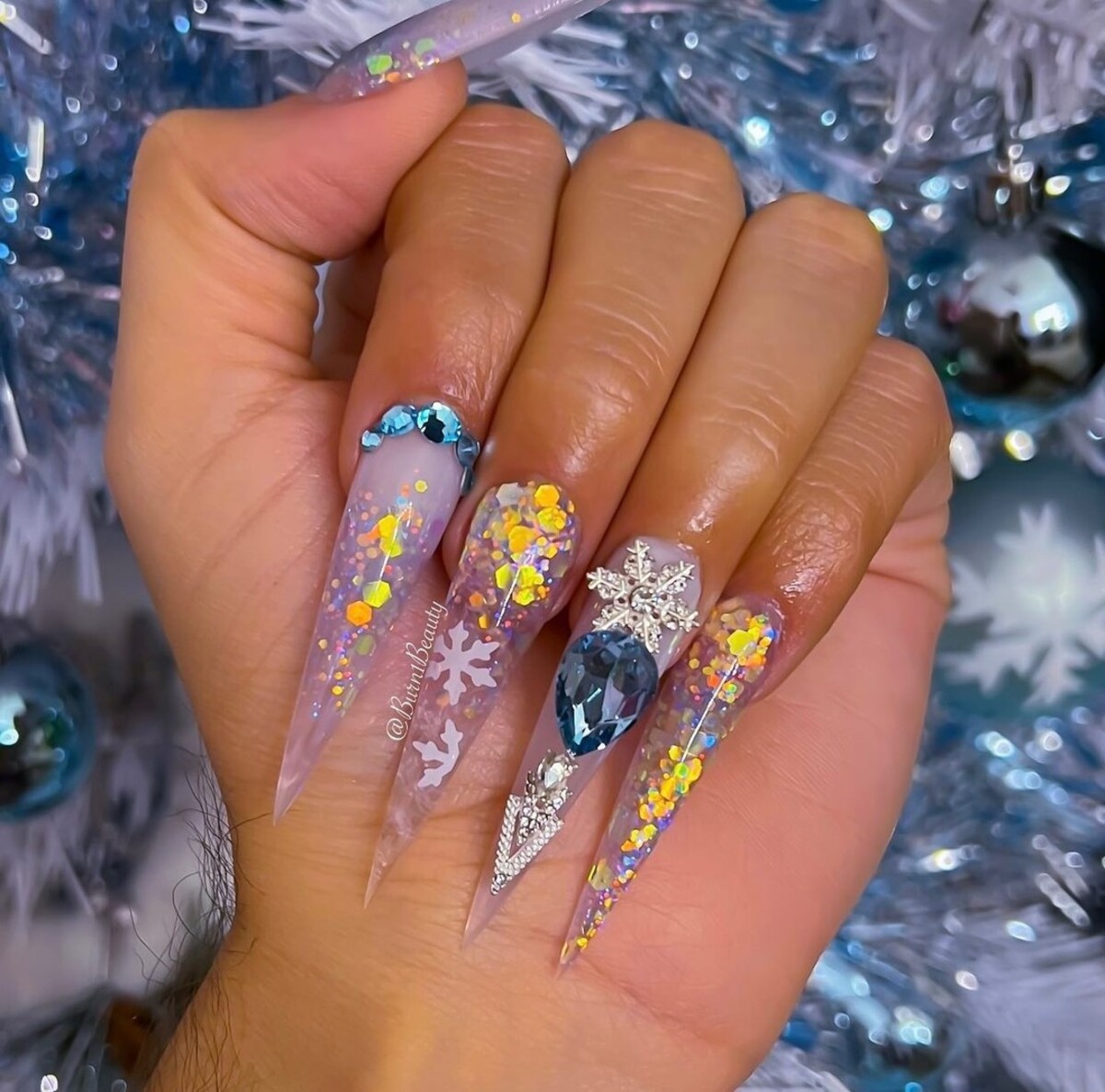 11. Frozen Glamour with Blue and Gold Sparkle