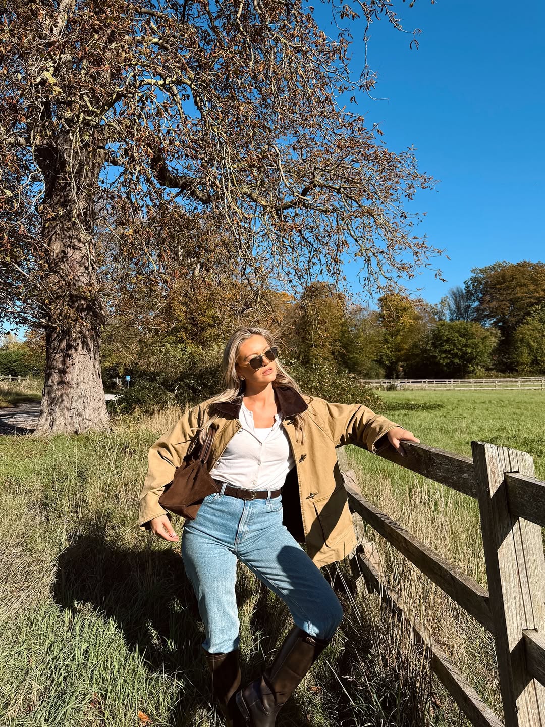 Barn jacket, white henley, straight-leg jeans, and riding boots