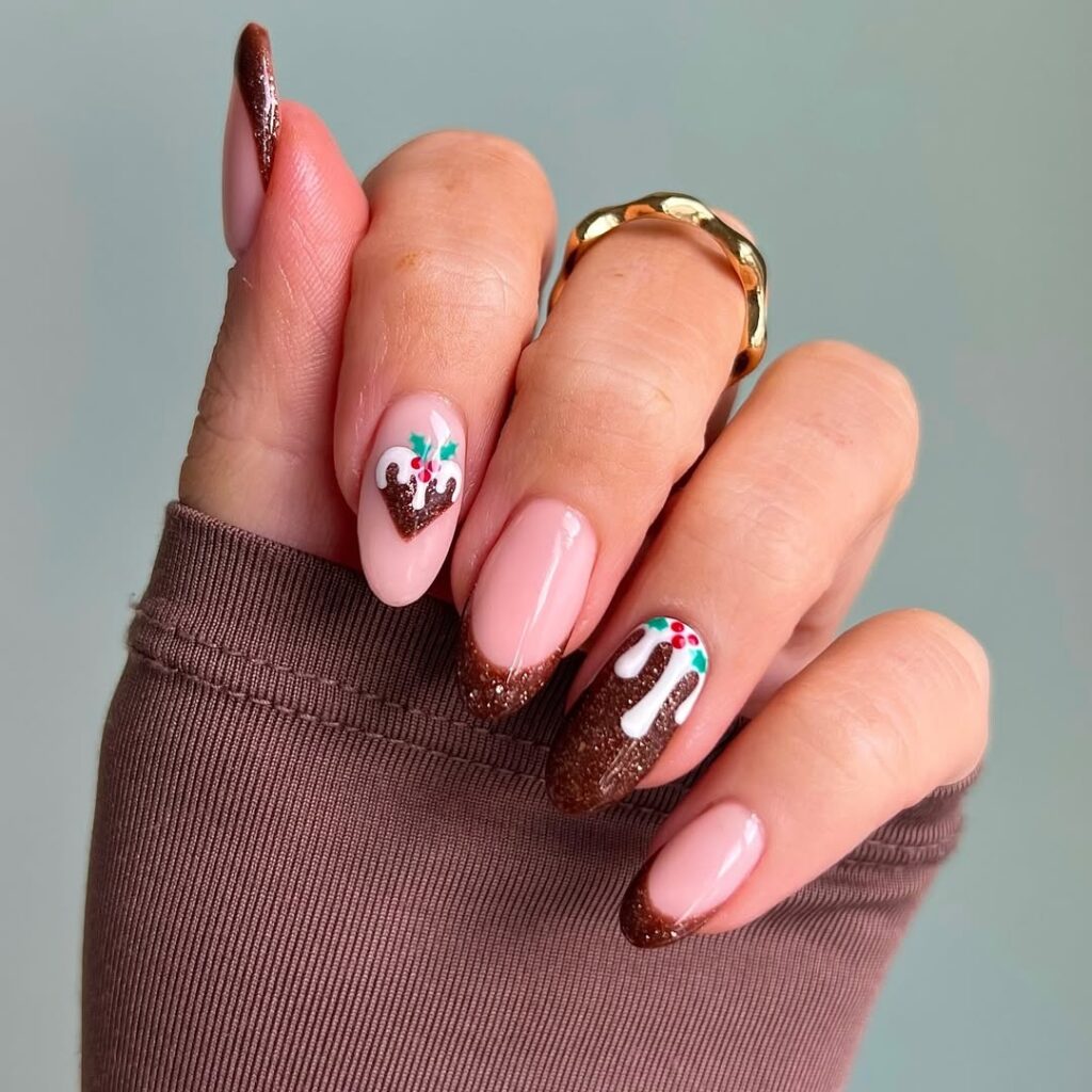 Chocolate brown glitter tips with gingerbread-style drip accents and holly details.