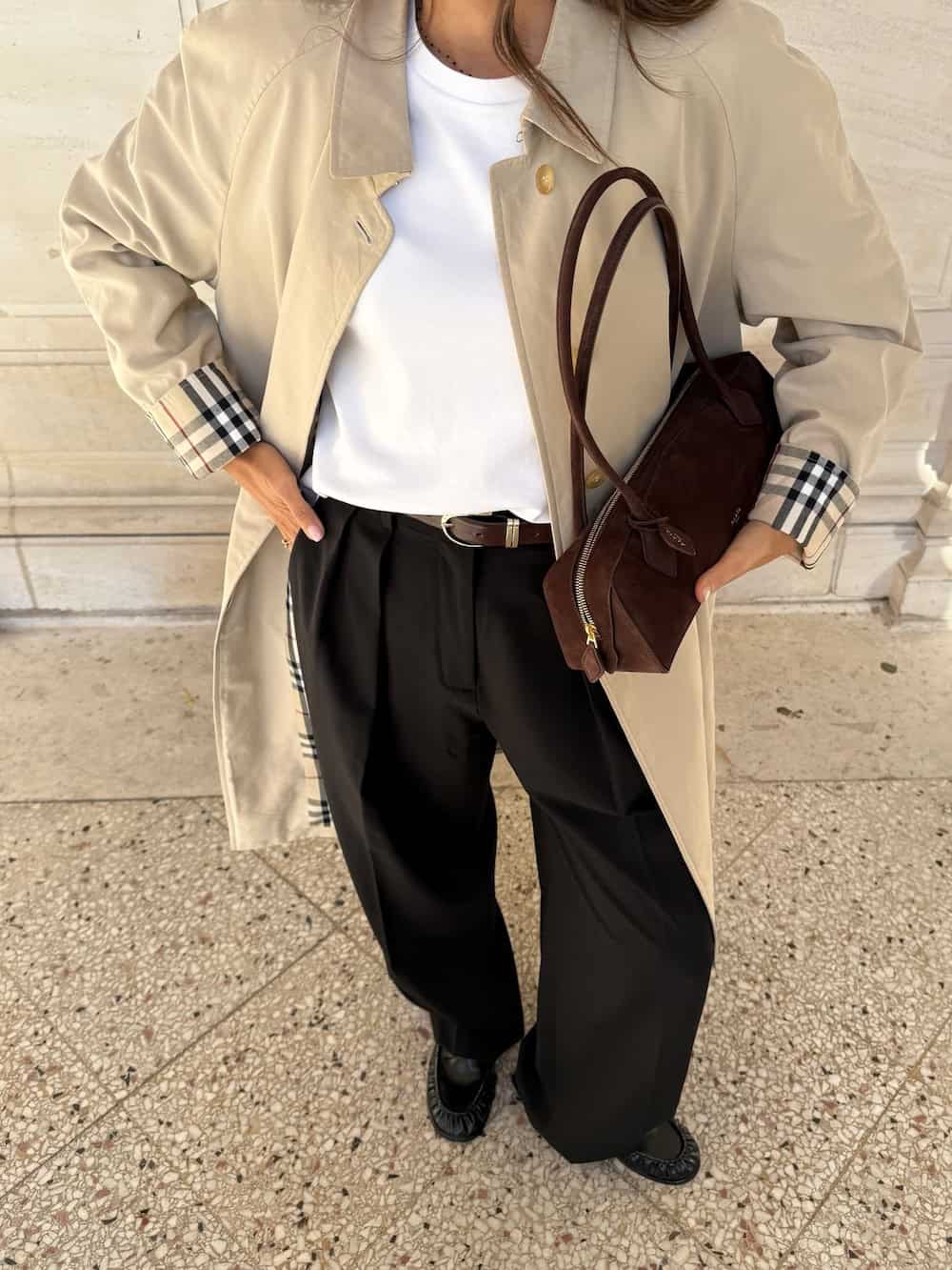 a woman wearing black slacks, a white tee, a long trench coat, and black loafers