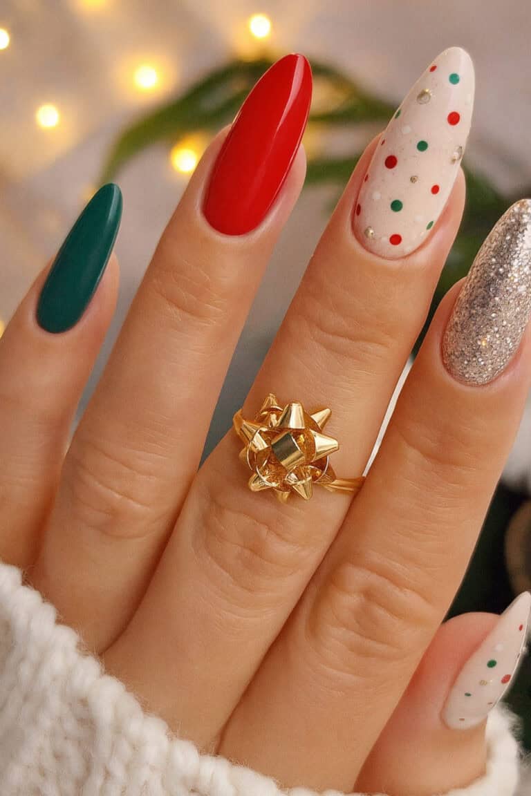 A mix of bold red, deep green, sparkly silver, and a playful polka-dot accent nail.