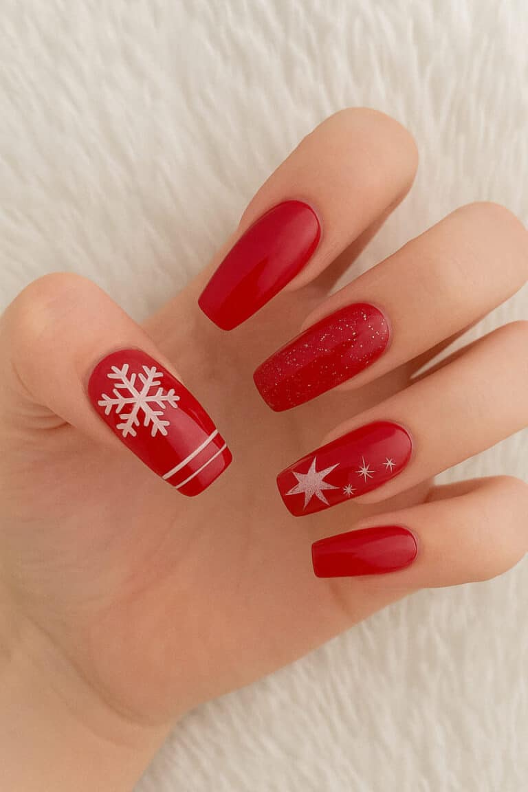 Bold glossy red nails with accent nails featuring white snowflakes and stars on a shimmer base.