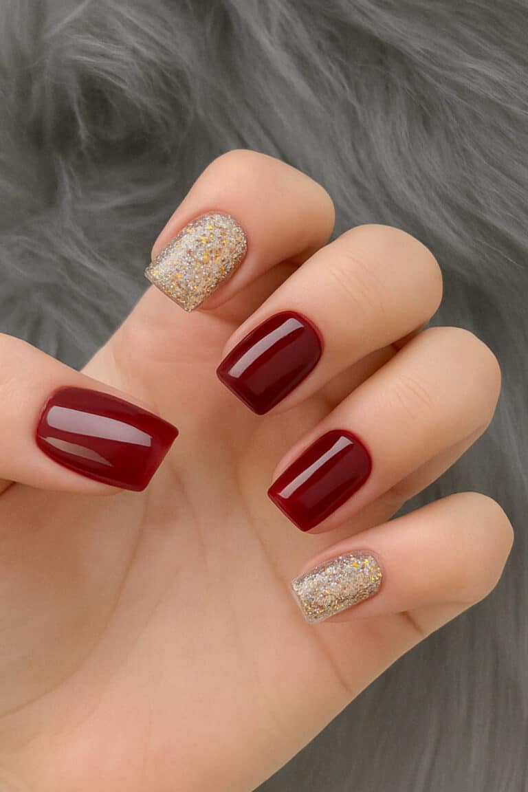 Glossy dark red polish with full glitter accent nails